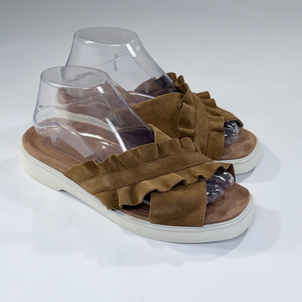 NEW Vionic Azalea Sandal Womens 7.5 Tan Suede Platform Ruffle Slide Comfort Boho